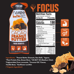 Nakee Butter Focus cacao peanut butter open pack reveals convenient single-serve portion.