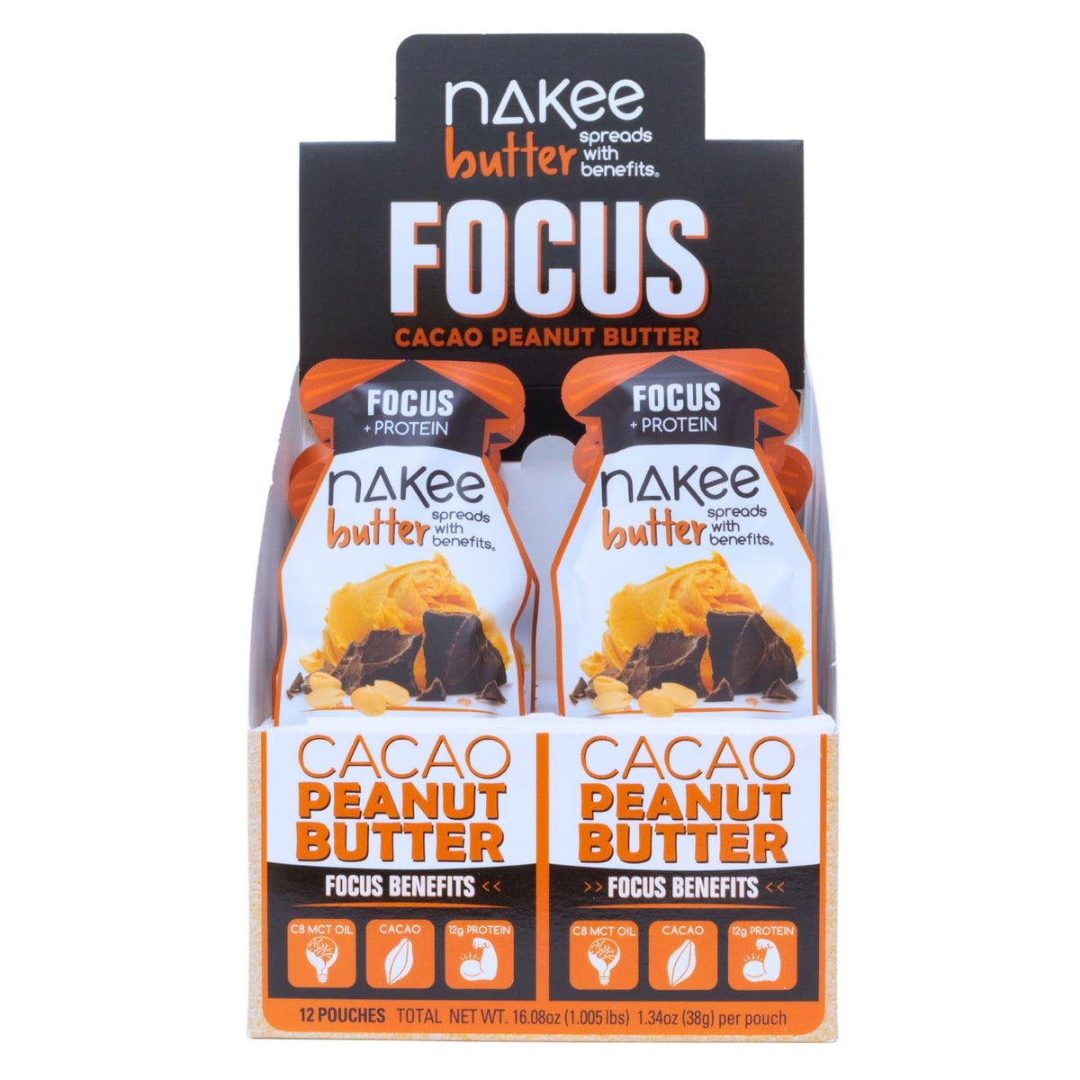 Nakee Butter Focus cacao peanut butter pack shows protein-packed on-the-go fueling.