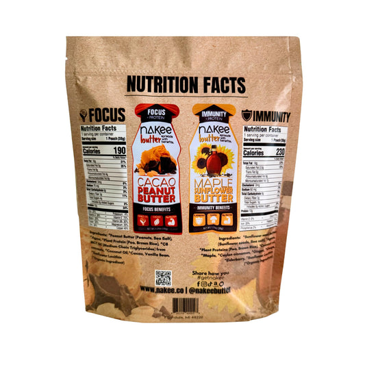 Nakee Butter Focus pouch close-up highlighting mental focus support.