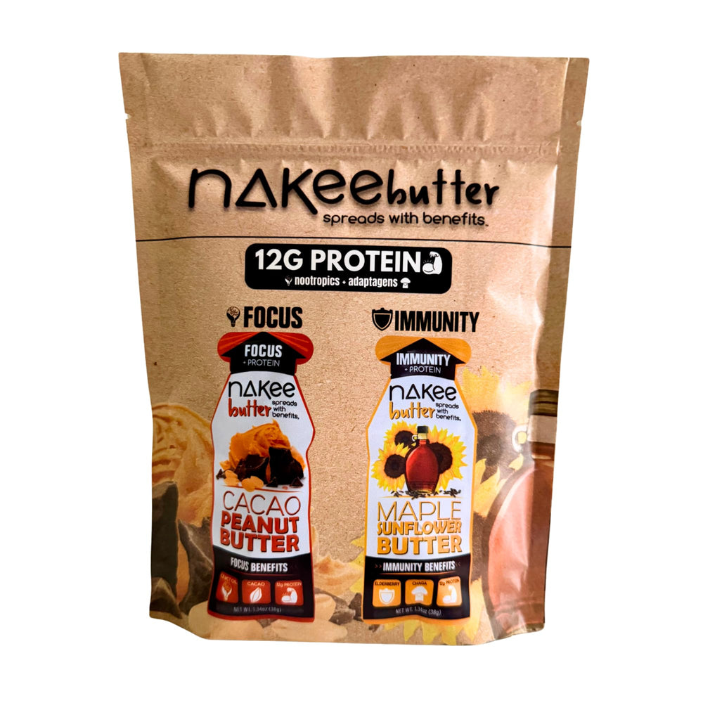 Nakee Butter variety pack with gluten-free protein spreads, ready for use.