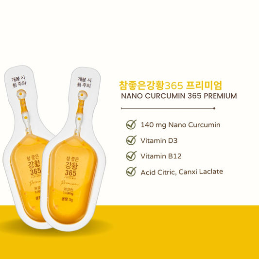 Close-up of NANO 365 turmeric essence tube highlights compact design.