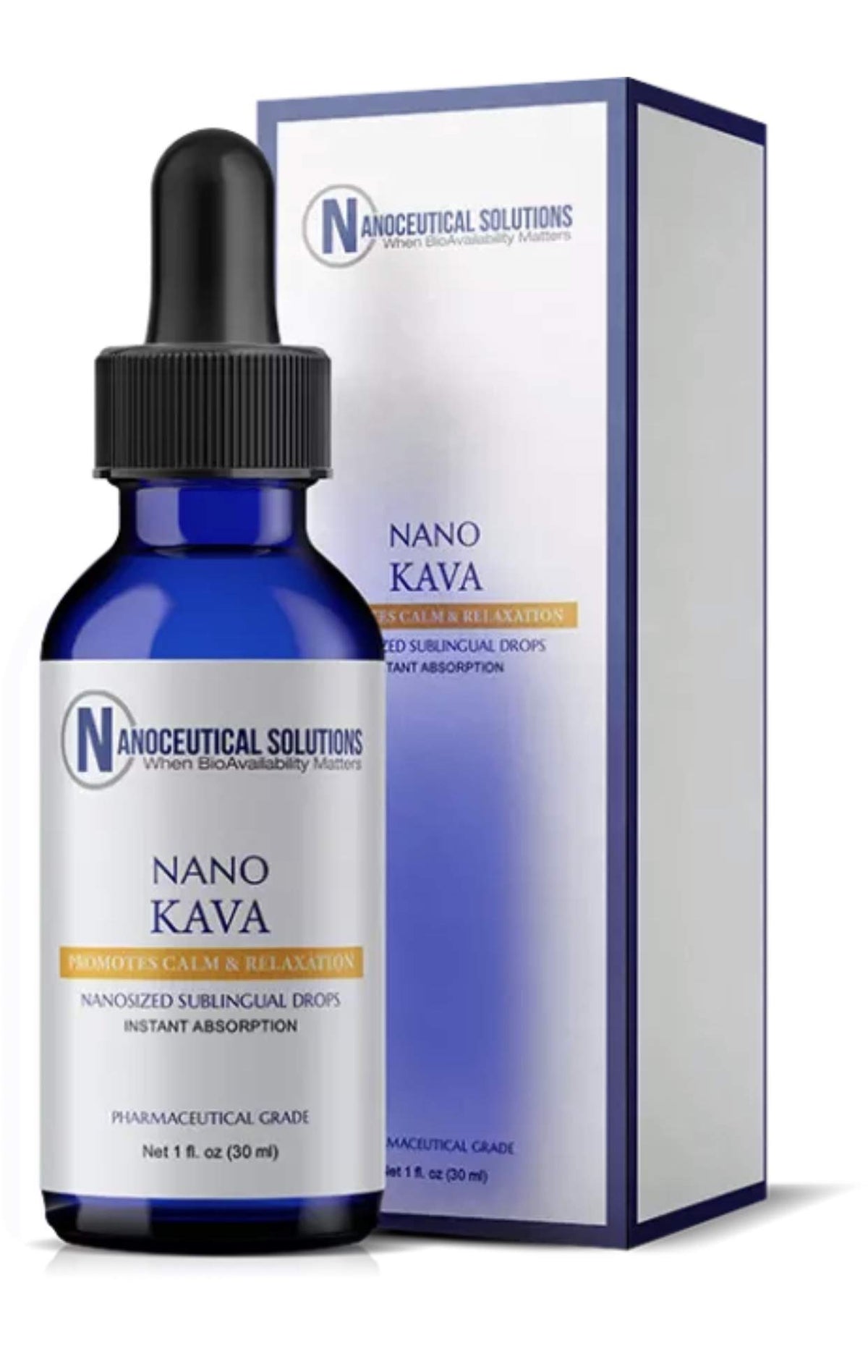 Nano KAVA bottle with dropper showing fast-absorbing liquid for mood support