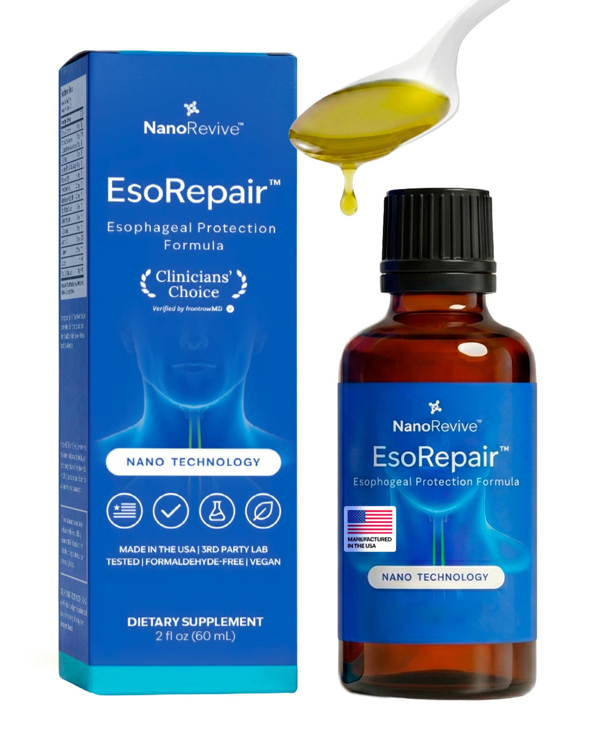 NANOREVIVE EsoRepair bottle pour shows easy-dose liquid form for daily digestive comfort.