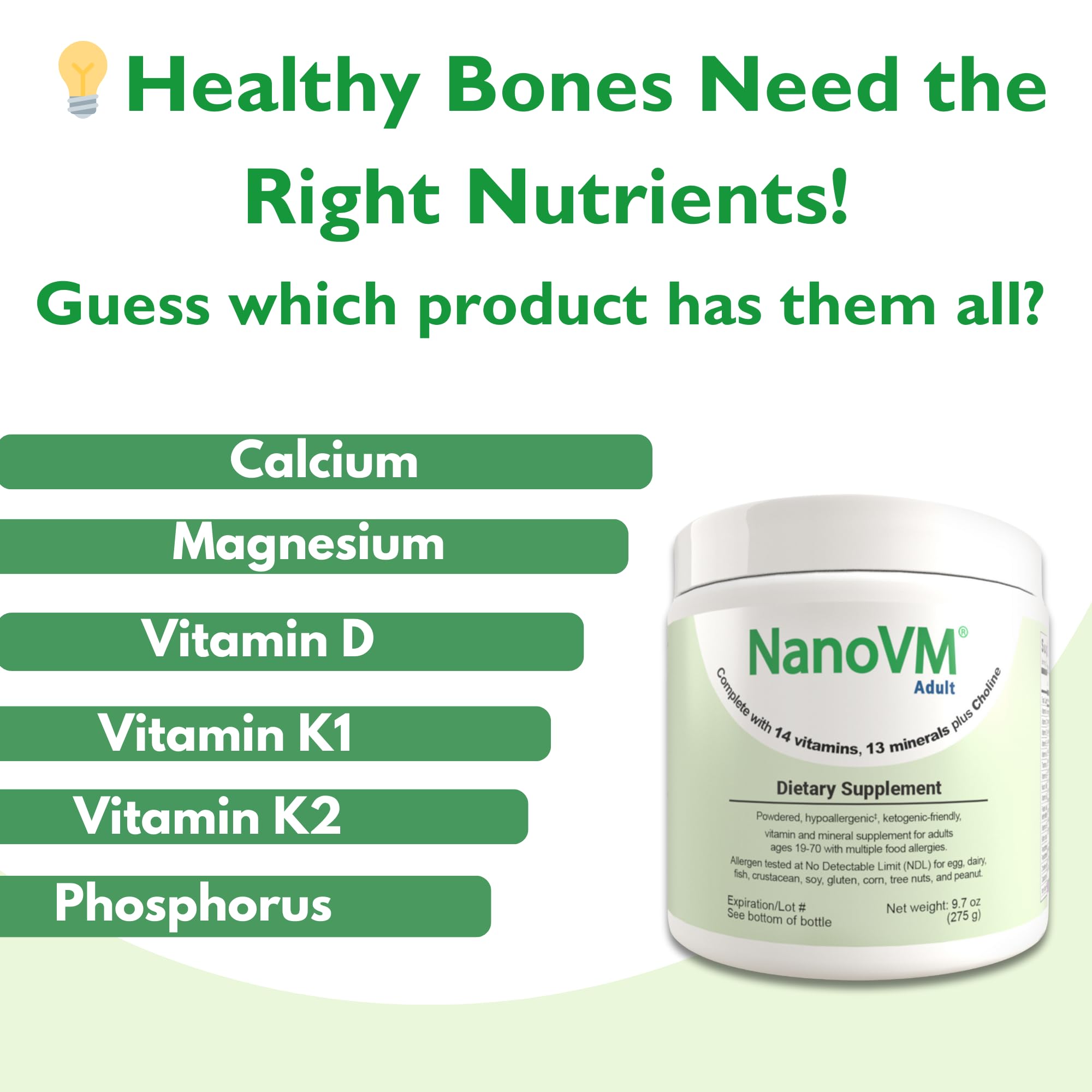 NanoVM allergen-free label emphasizes gluten- and dairy-free composition for sensitive diets.