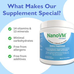 NanoVM label close-up showing allergen-free formula