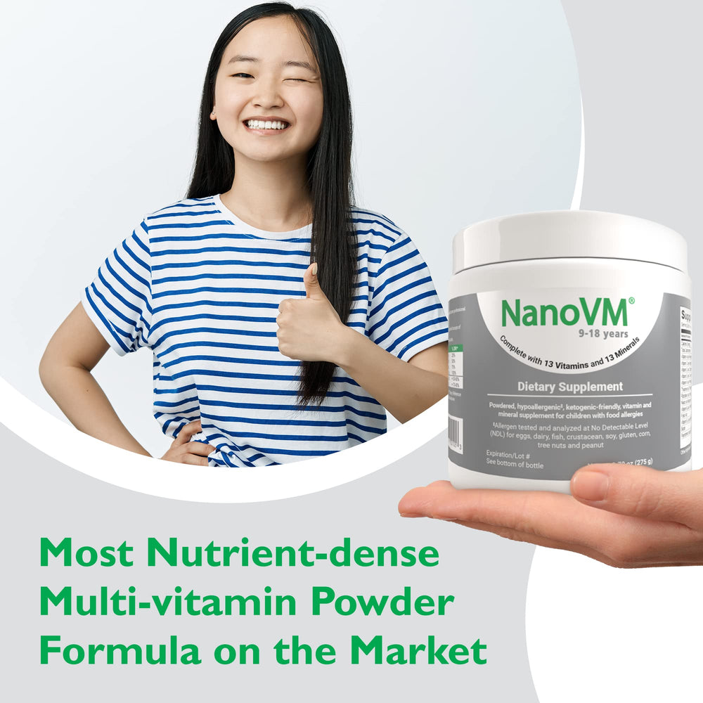 NanoVM nutrition label highlights 13 vitamins and 13 minerals.
