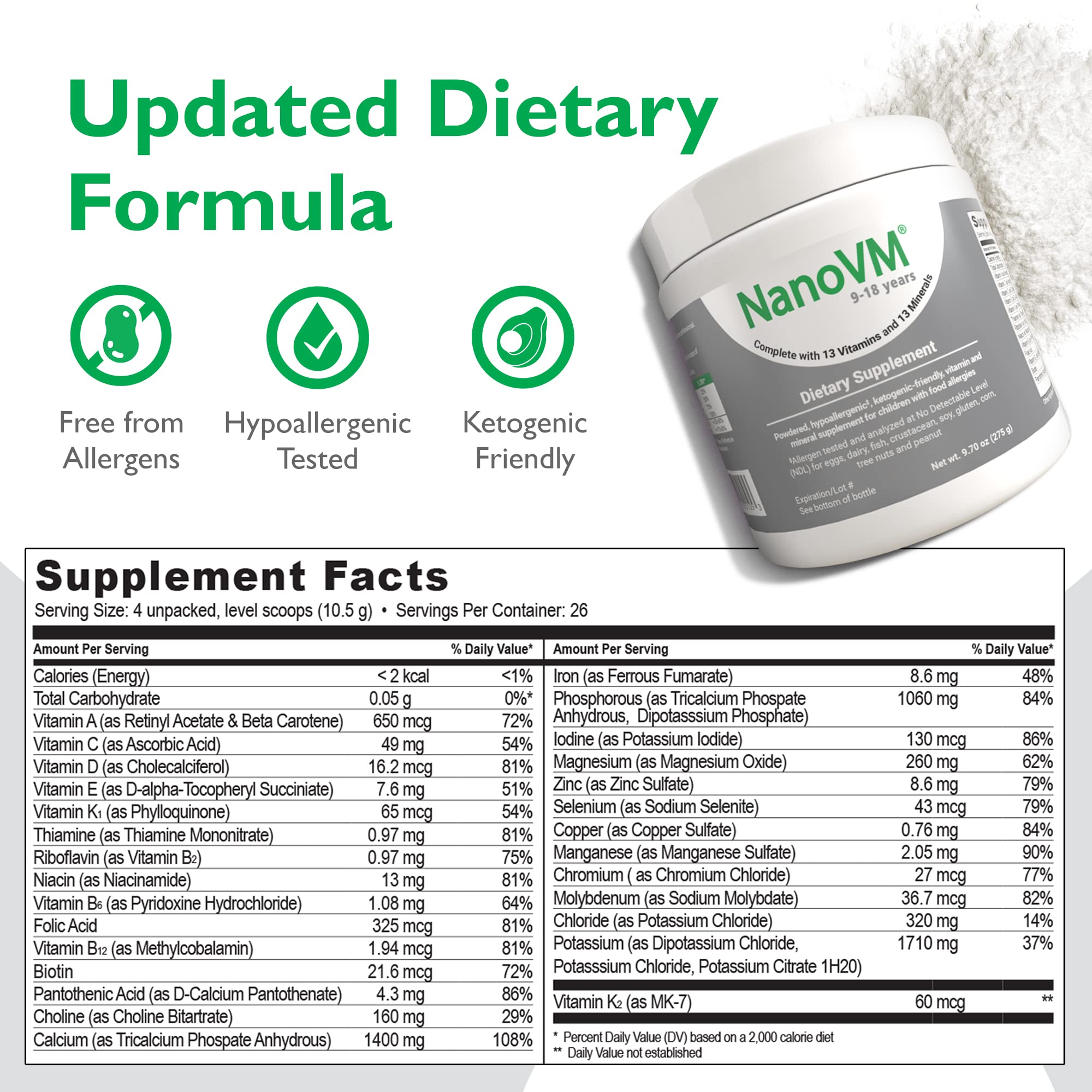 NanoVM powder scoop ready to mix into foods for easy daily supplementation.