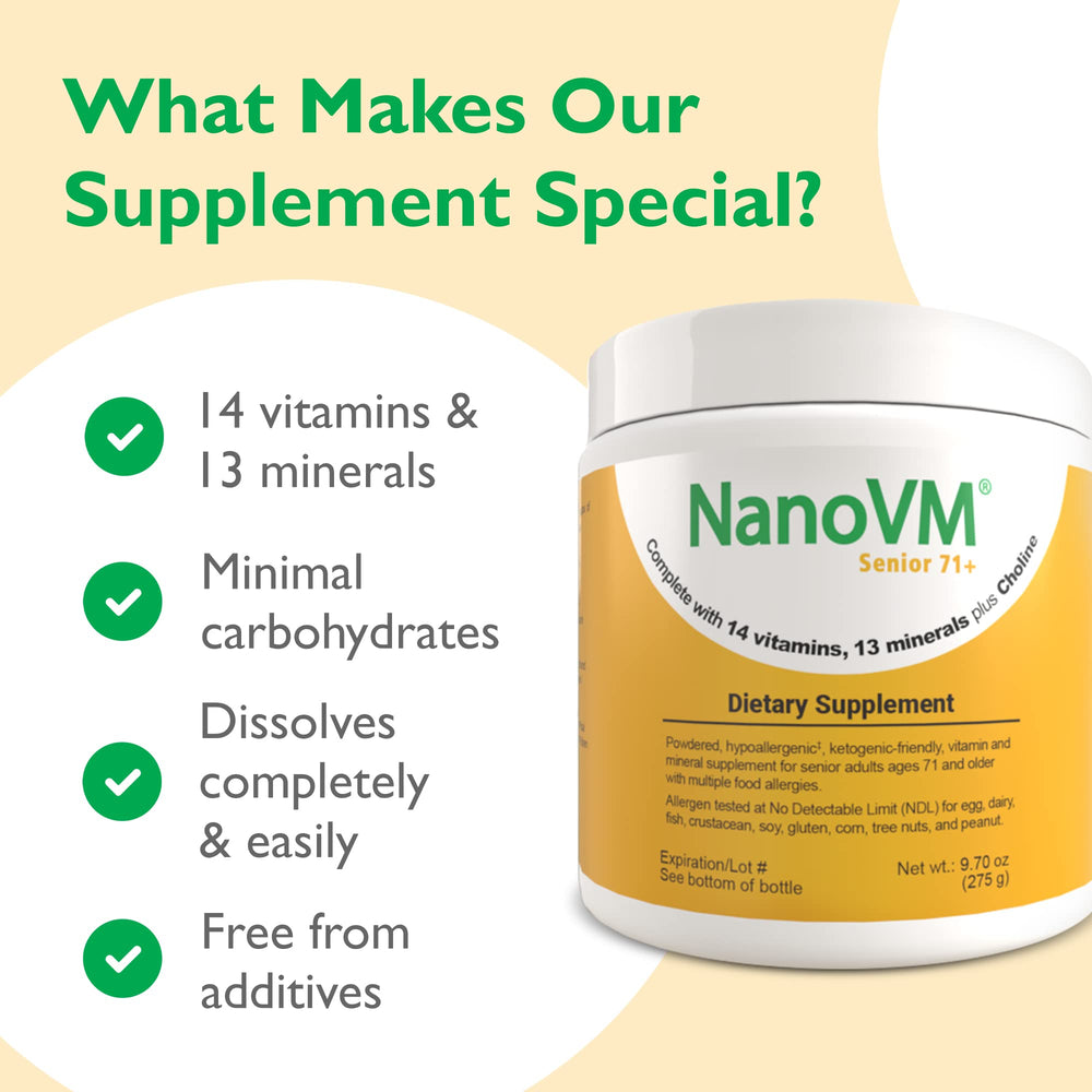 NanoVM Senior 71+ clean label, gluten-free and allergen-free formula