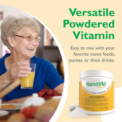 NanoVM Senior 71+ powder mixed into yogurt, quick nutrition boost