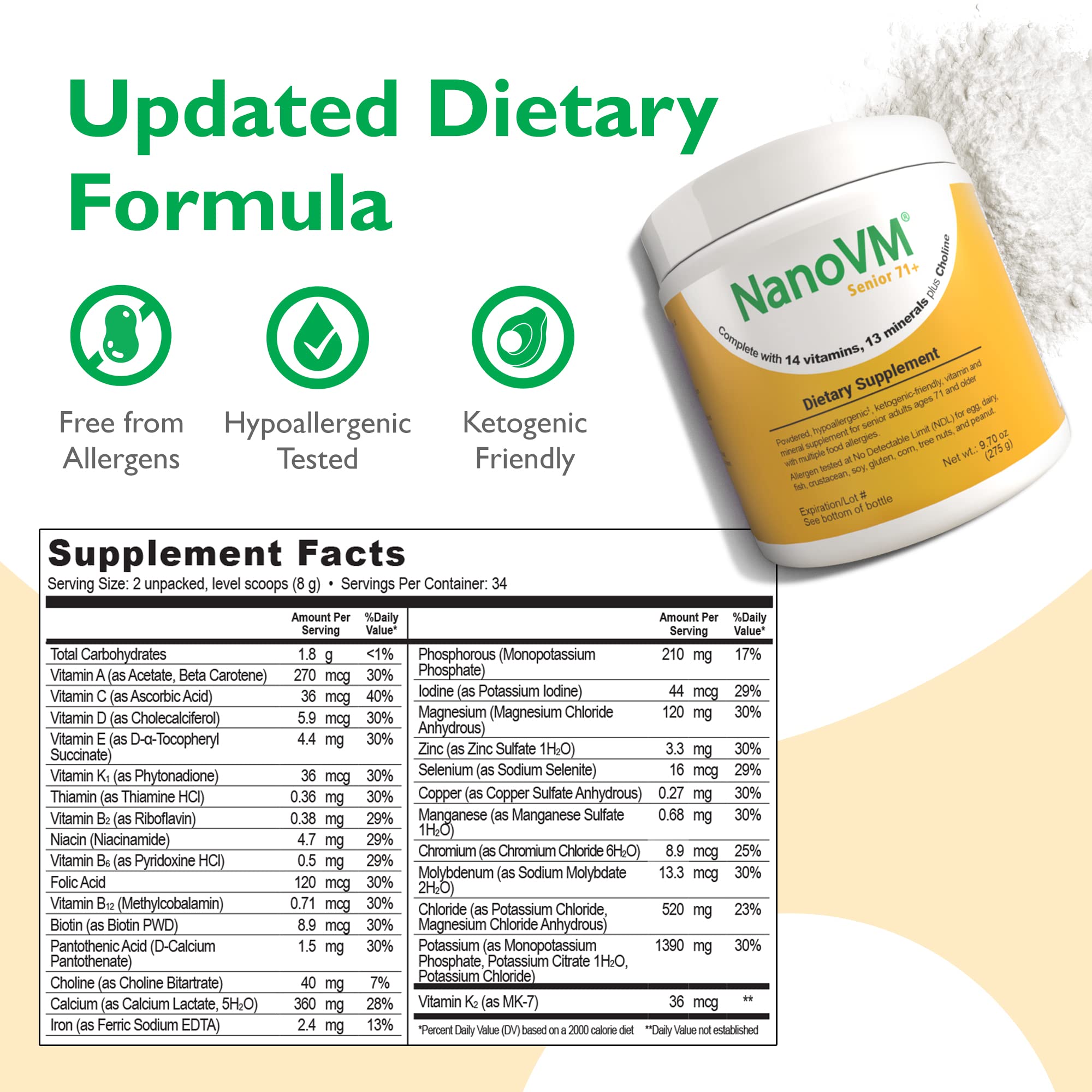 NanoVM Senior 71+ unflavored powder close-up, blends into foods easily
