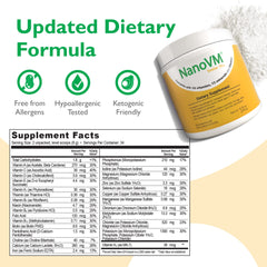 NanoVM Senior 71+ unflavored powder close-up, blends into foods easily