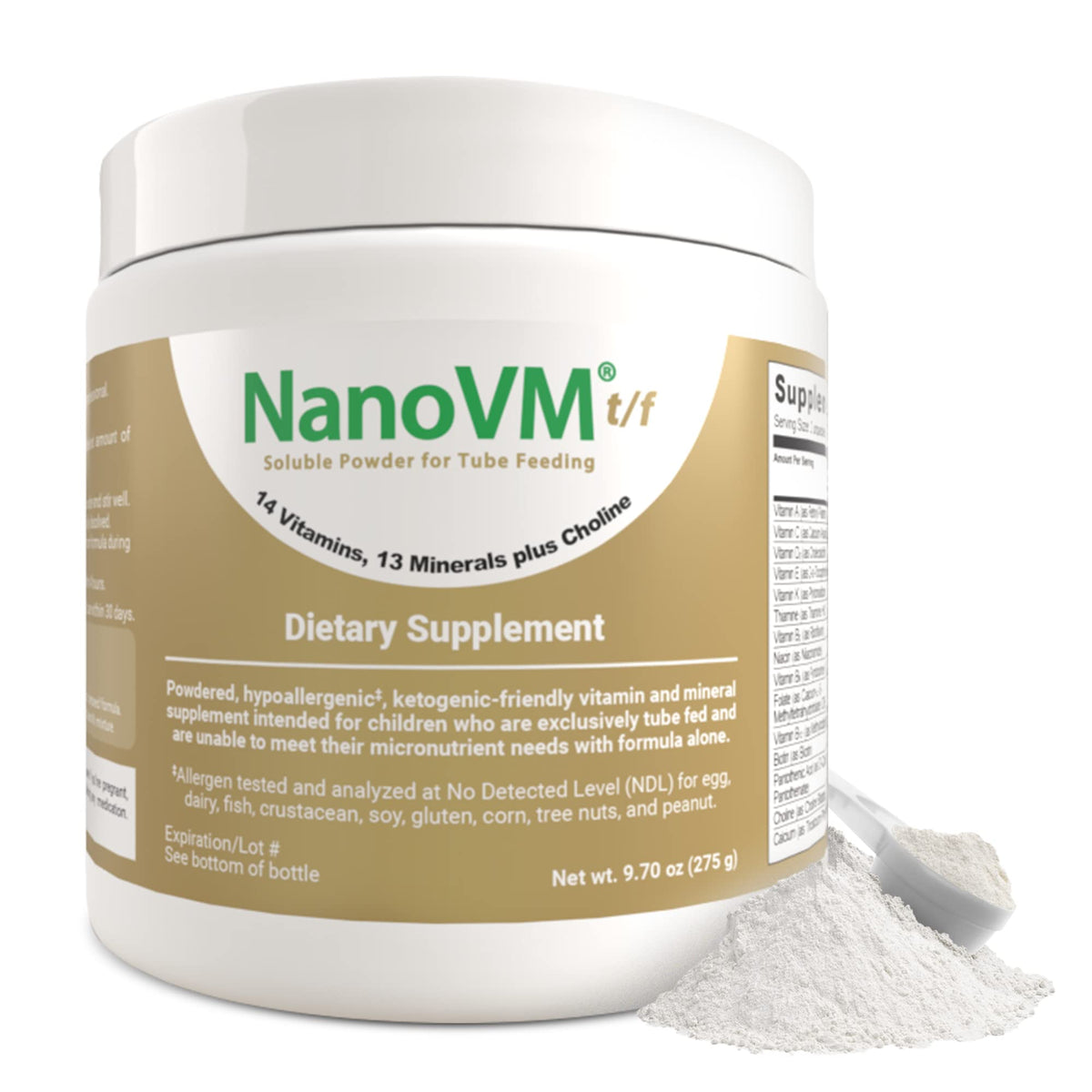 NanoVM t/f bottle with scoop for allergen-free tube feeding nutrition