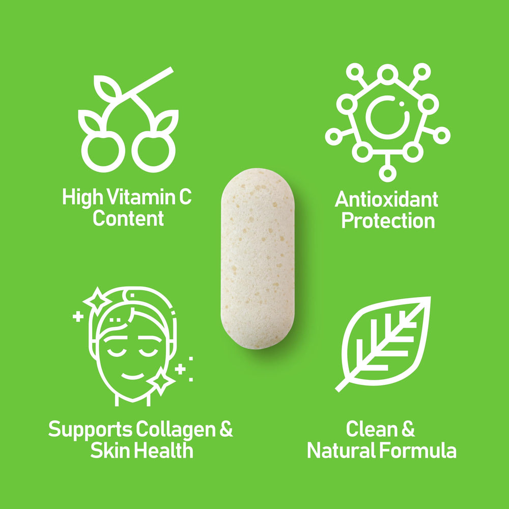 NANOWELL Acerola Cherry Vitamin C 1000mg tablet closeup highlighting easy-to-take tablets.