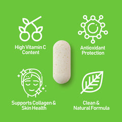 NANOWELL Acerola Cherry Vitamin C 1000mg tablet closeup highlighting easy-to-take tablets.