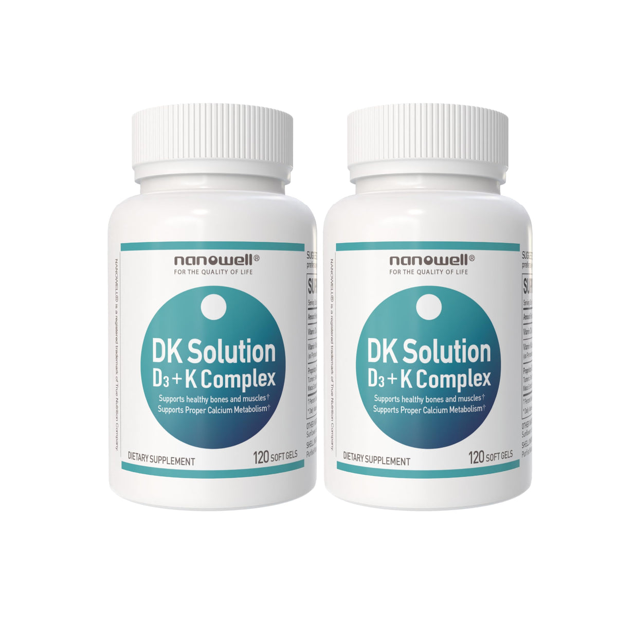 NANOWELL DK Solution bottle front highlighting Vitamin D3 and K for bone support
