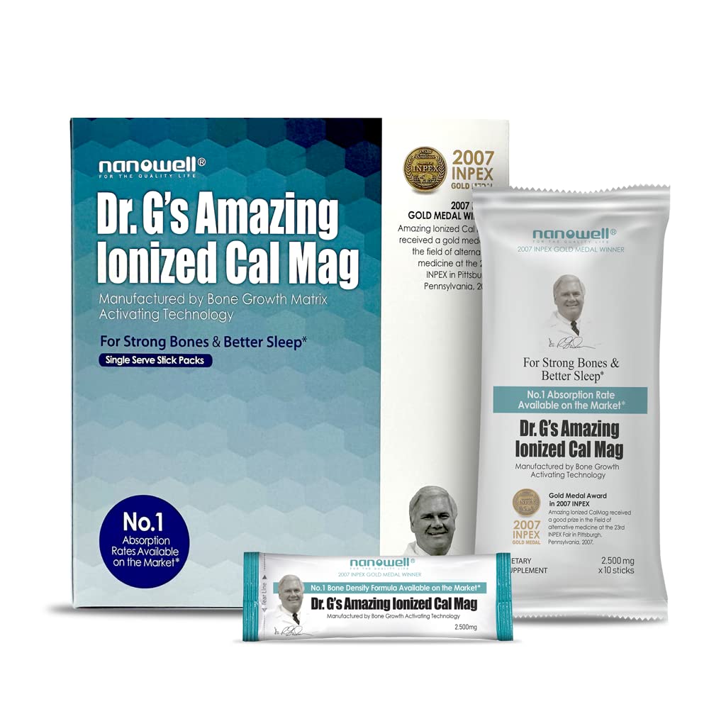 NANOWELL Dr. G ionized Cal Mag powder bottle highlights convenient daily use with absorption potential.