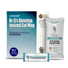 NANOWELL Dr. G ionized Cal Mag powder bottle highlights convenient daily use with absorption potential.