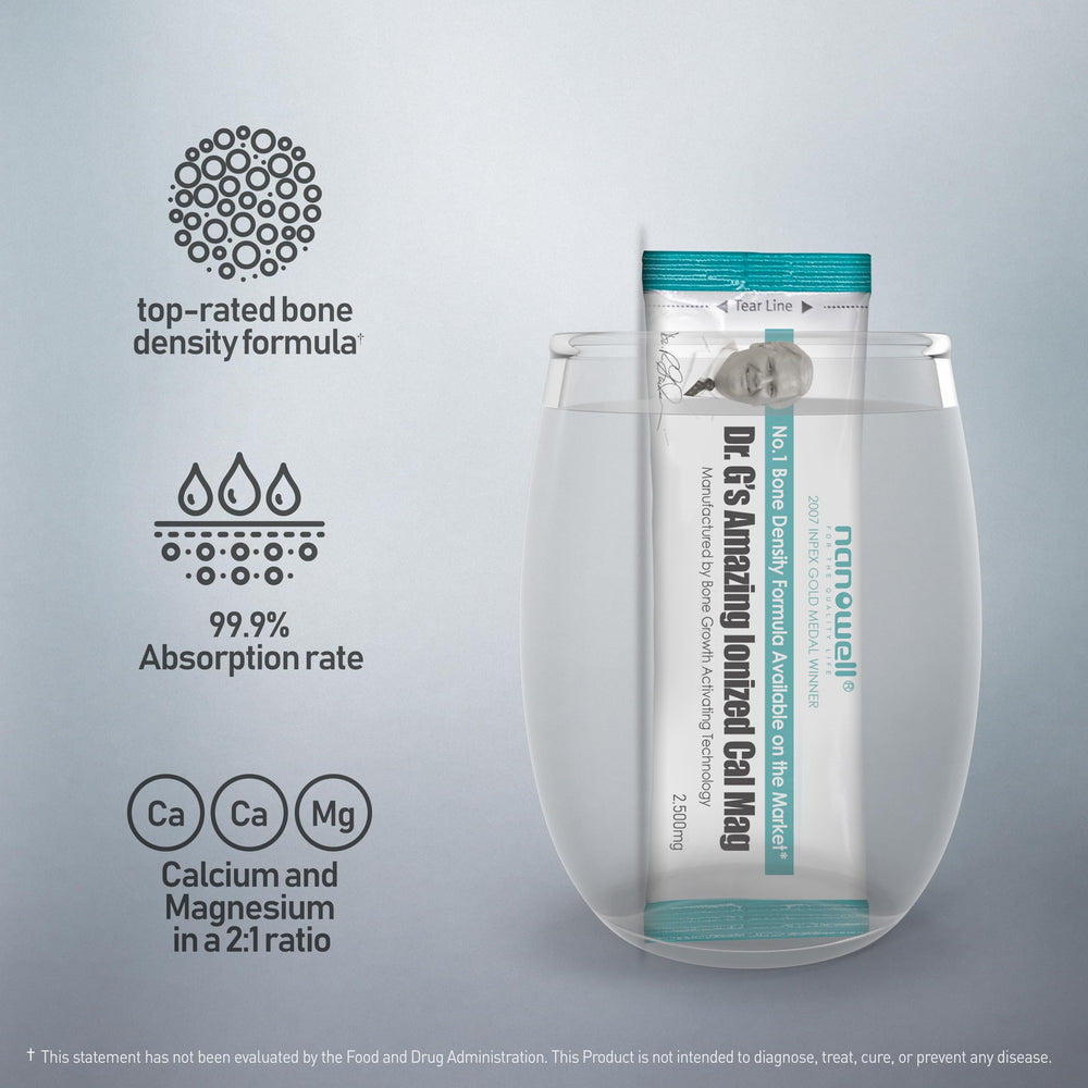 NANOWELL Dr. G ionized Cal Mag stick dissolving in warm water for an easy daily drink.