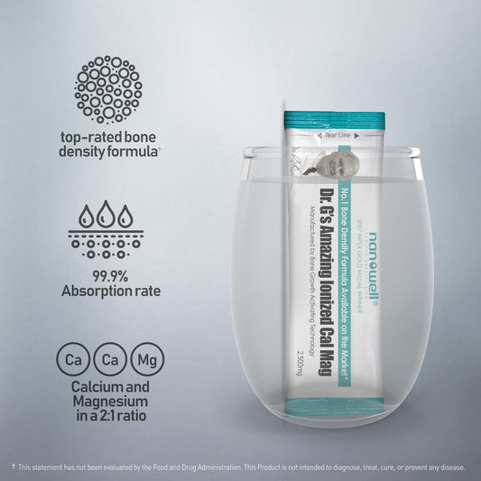 NANOWELL Dr. G ionized Cal Mag stick dissolving in warm water for an easy daily drink.