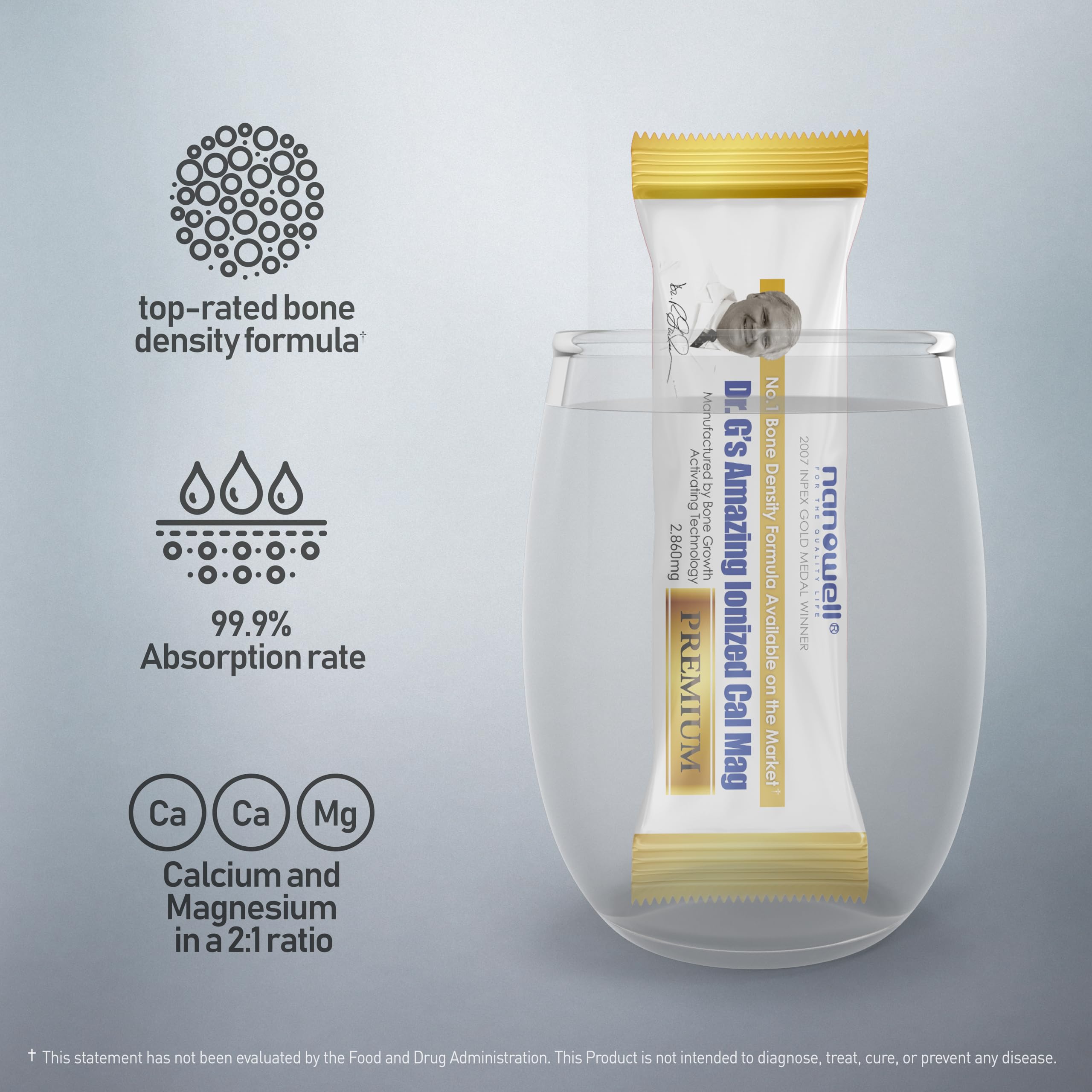NANOWELL Dr. G's bone-density formula bottle ready for daily use.