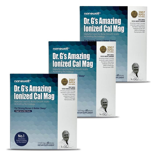 NANOWELL Dr G's Ionized Cal Mag bottle pour showing quick absorption potential
