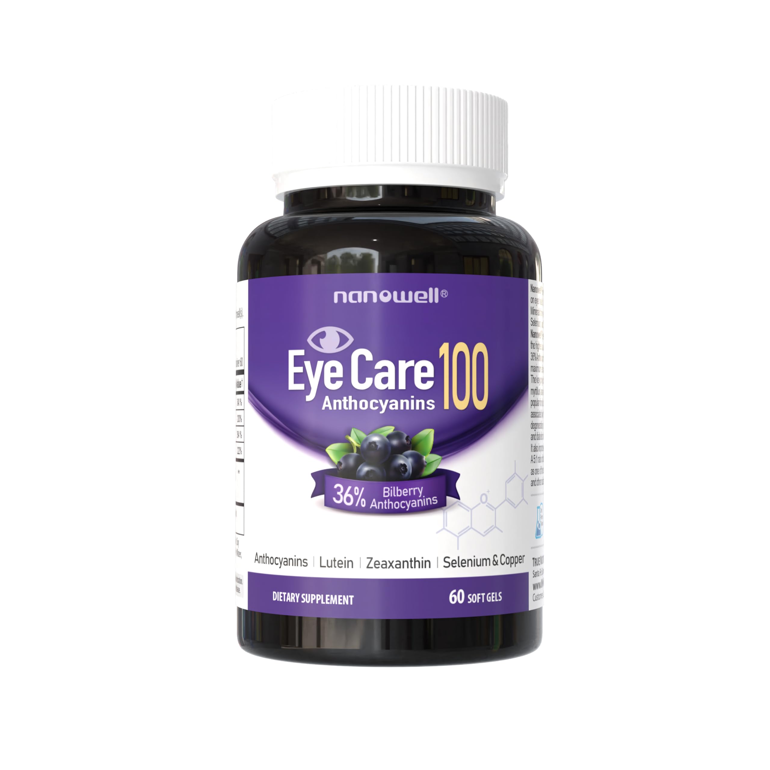 Nanowell EyeCare Anthocyanins softgel bottle supports eye health