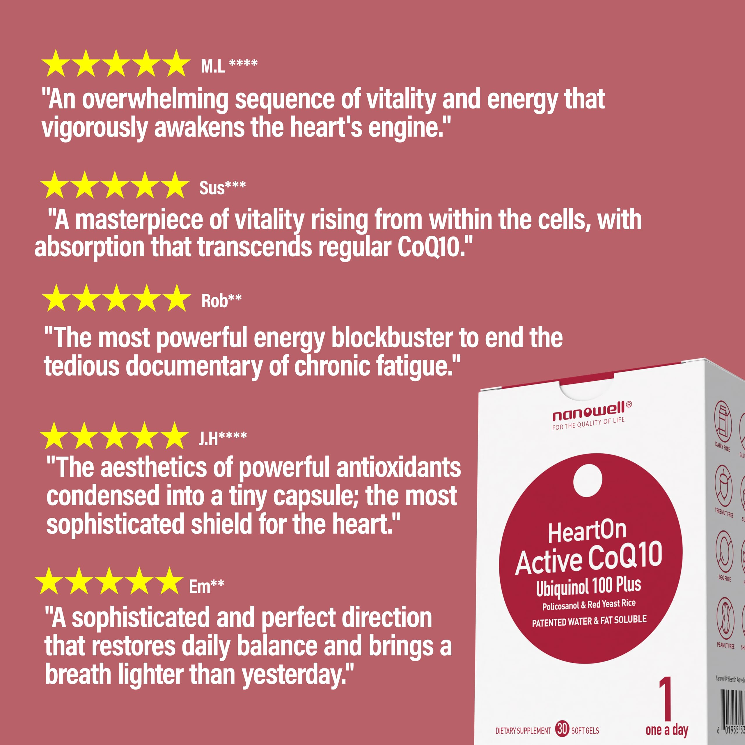 NANOWELL HeartOn Active CoQ10 bottle front highlighting Kaneka ubiquinol.