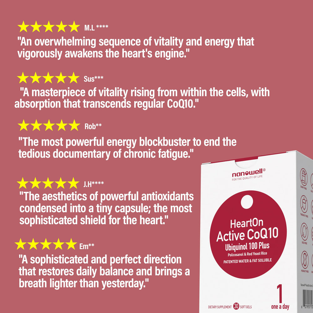 NANOWELL HeartOn Active CoQ10 bottle front highlighting Kaneka ubiquinol.