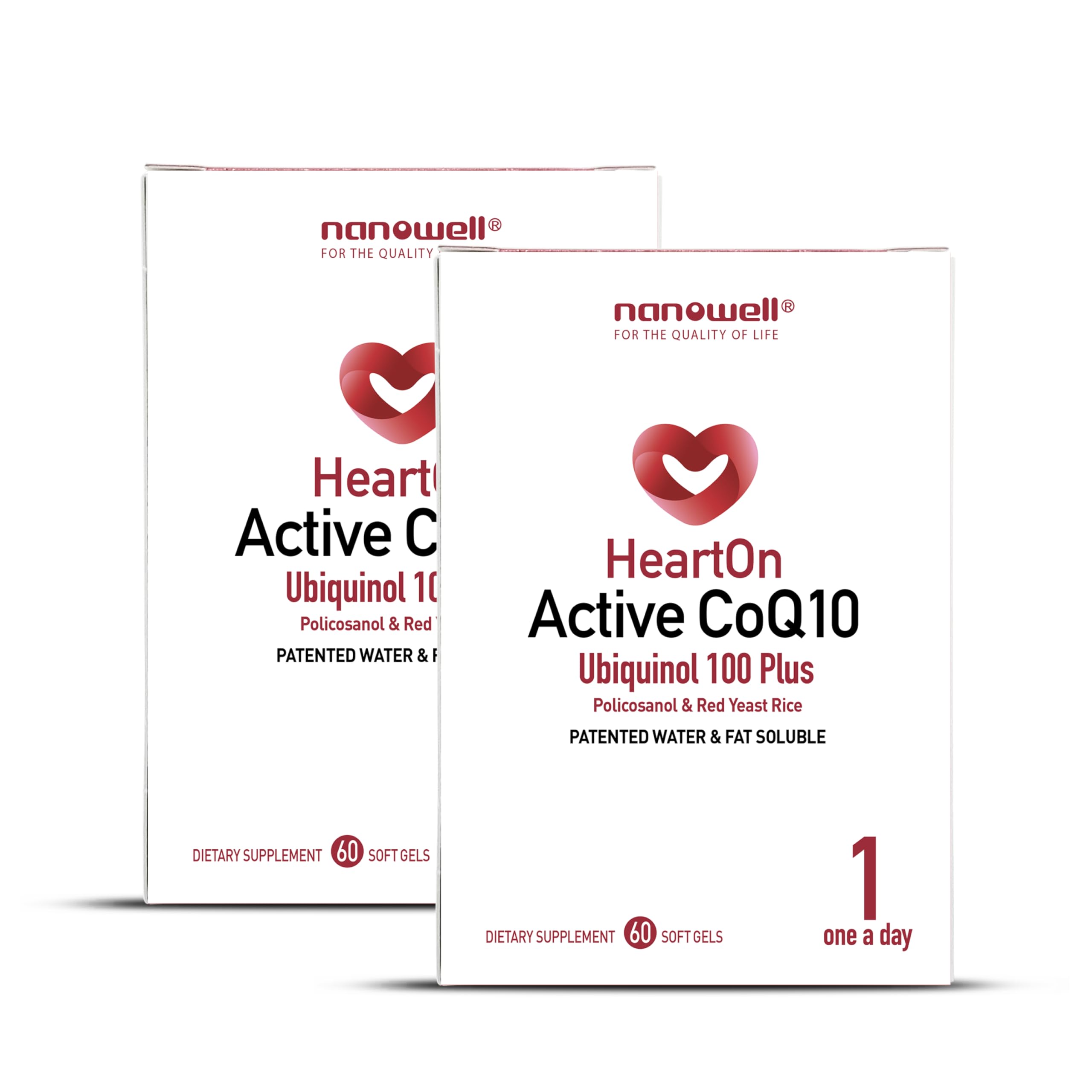 NANOWELL HeartOn Active CoQ10 softgels in bottle for daily energy support.