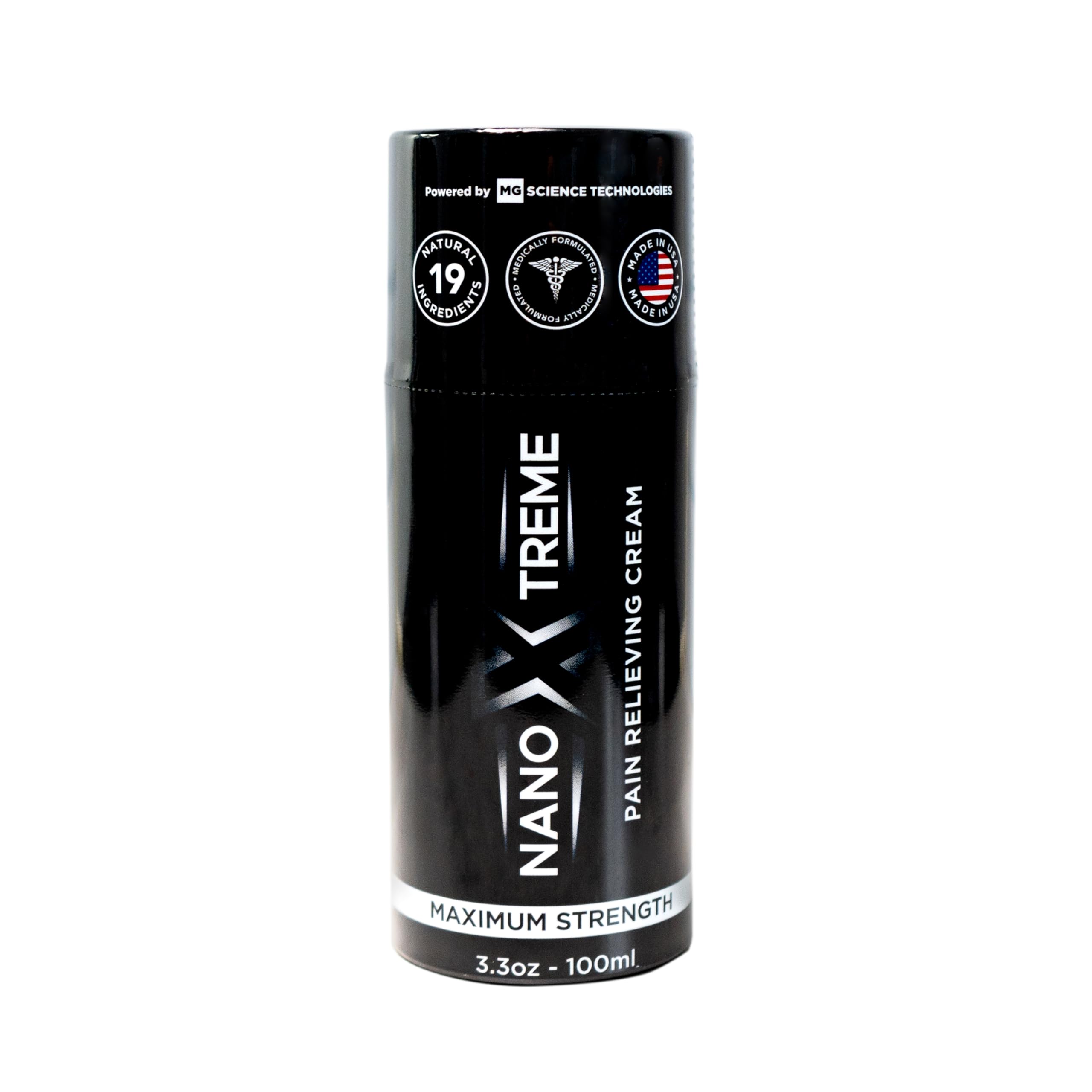 Nanoxtreme Pain Relief Cream bottle pump for targeted relief on sore areas.