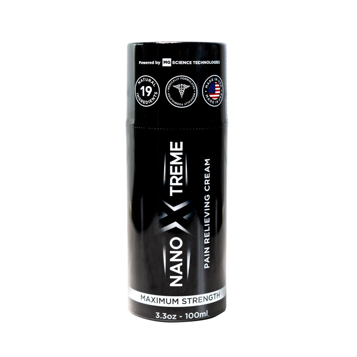 Nanoxtreme Pain Relief Cream bottle pump for targeted relief on sore areas.