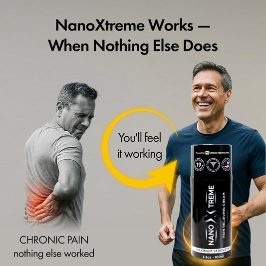 Nanoxtreme Pain Relief Cream pump closeup showing cooling sensation.