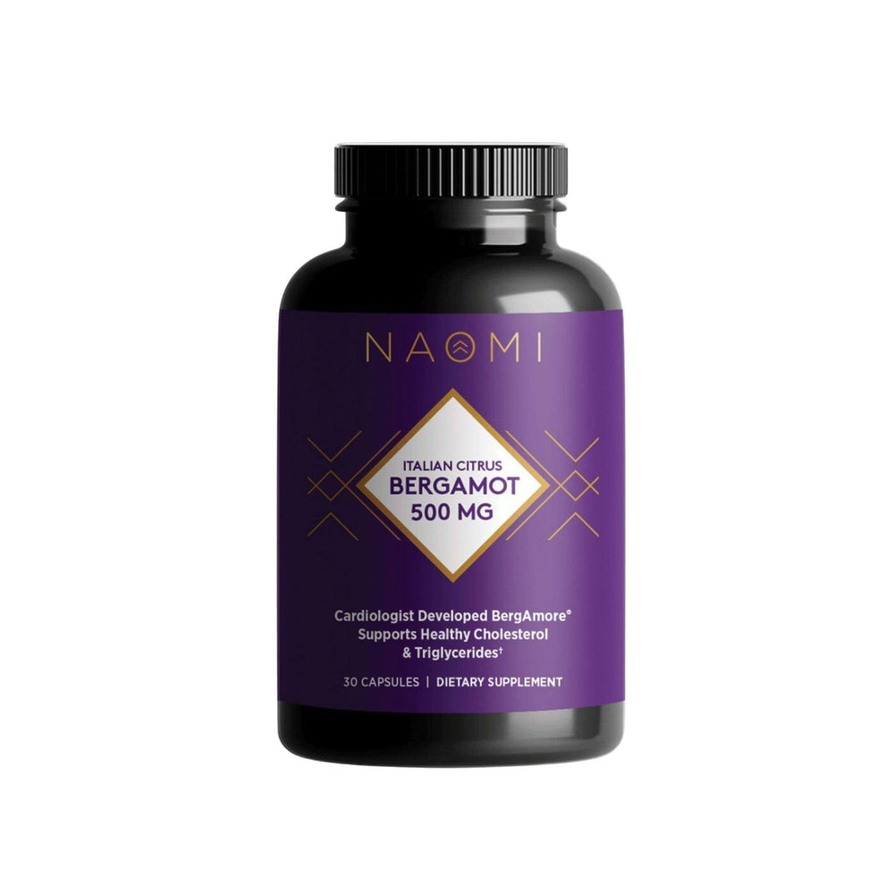 NAOMI Bergamore 500mg bottle close-up showing heart health support potential