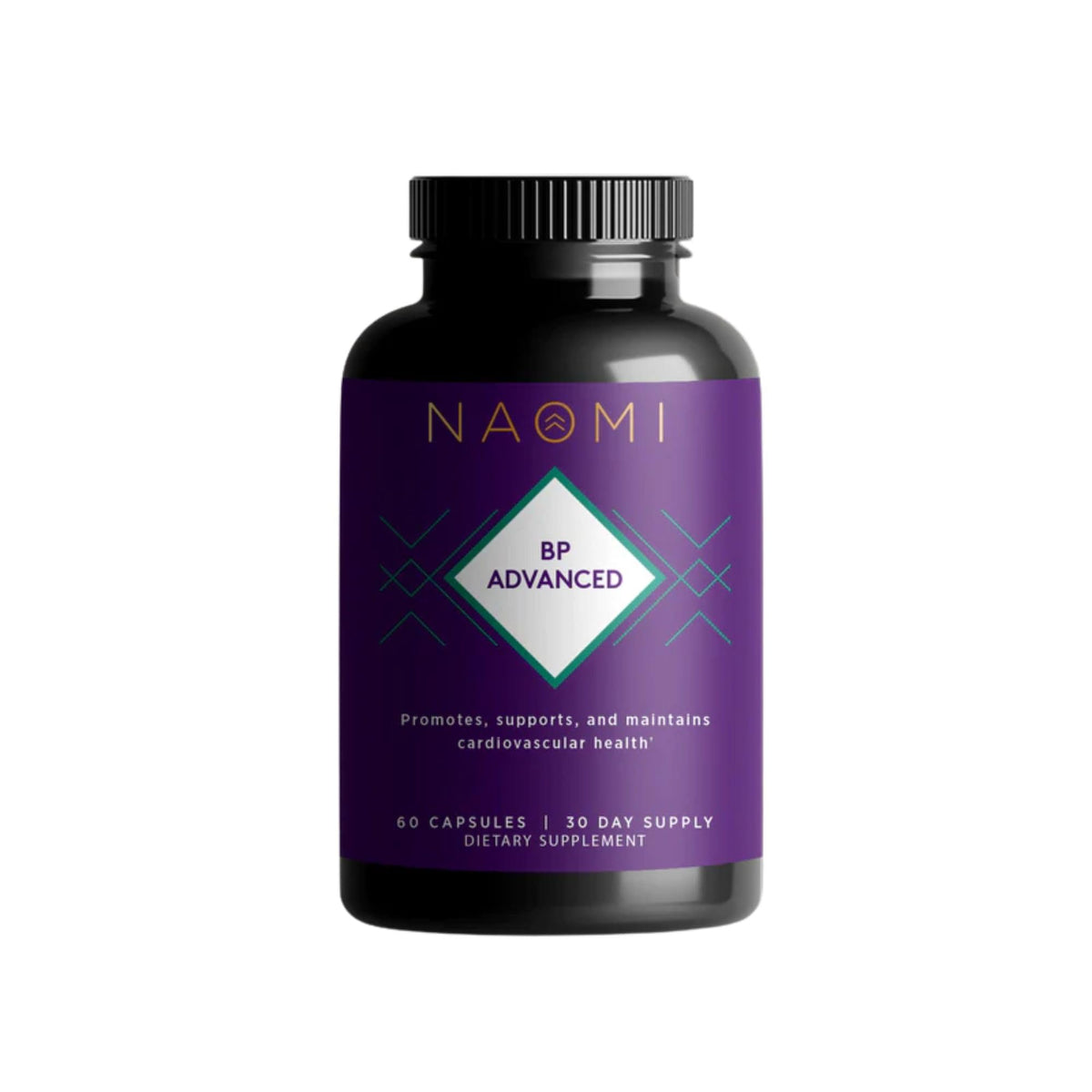 NAOMI BP Advanced olive leaf bottle highlighting a 1000 mg dose for cardiovascular support