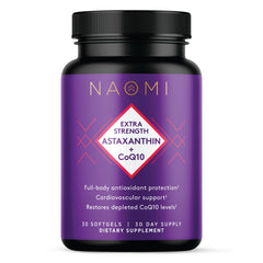 NAOMI Extra Strength Astaxanthin + CoQ10 bottle demonstrates potent antioxidants for daily energy support.