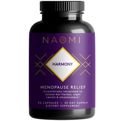 NAOMI Harmony bottle label highlights menopause relief benefits for everyday wellness