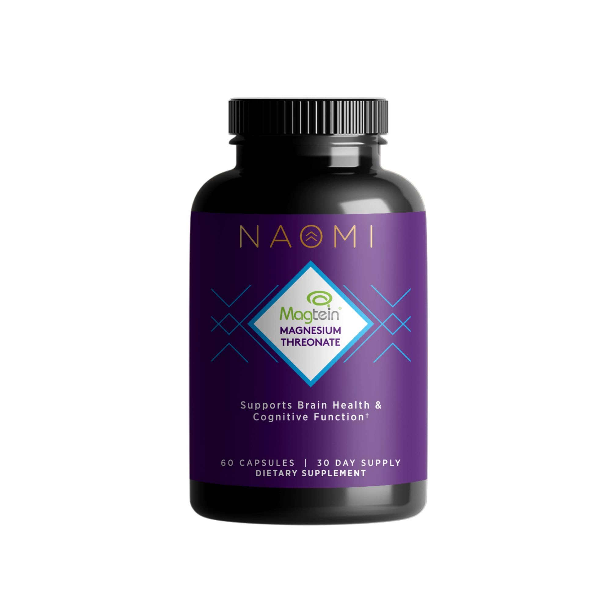 NAOMI Magtein bottle front view supporting brain health and focus.