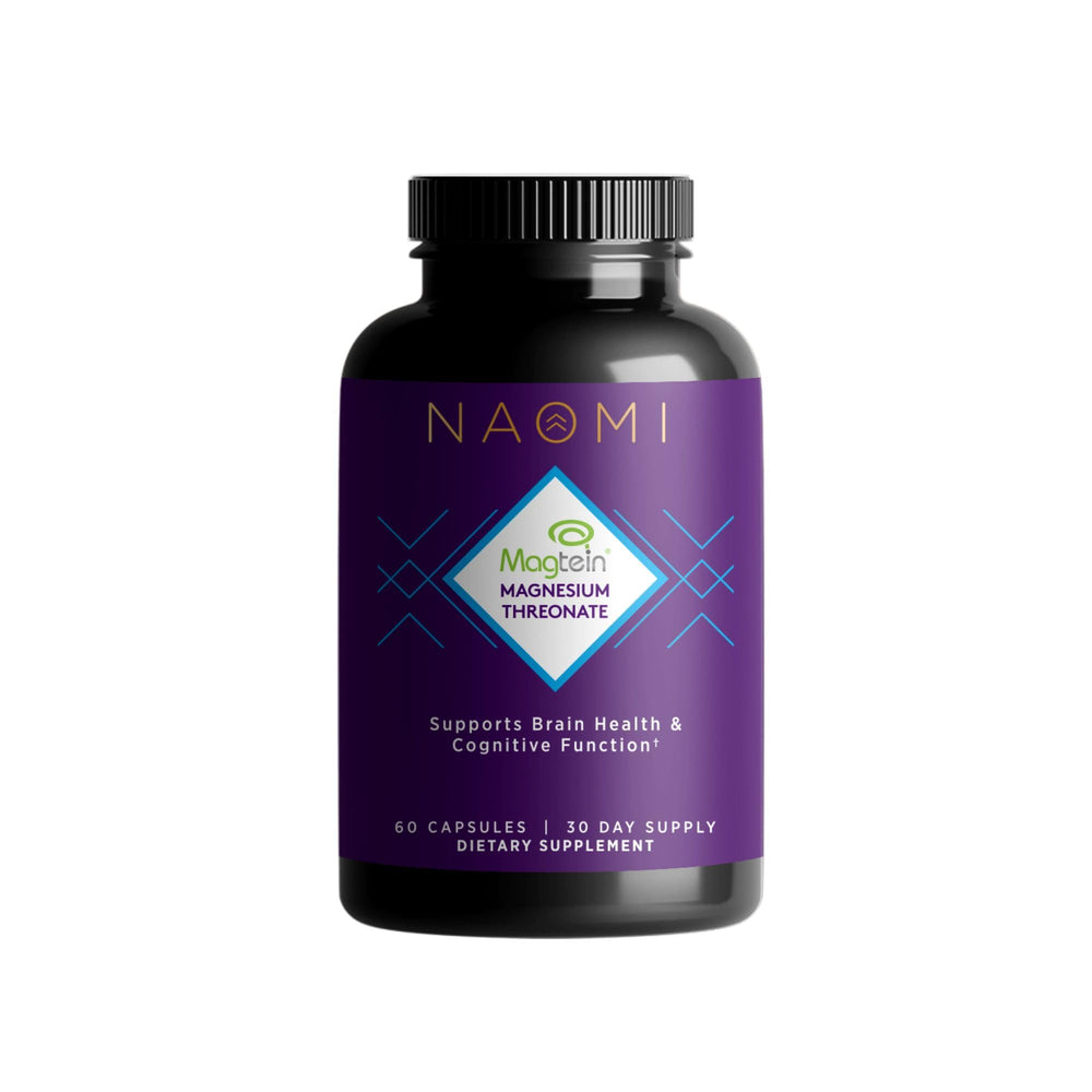 NAOMI Magtein bottle front view supporting brain health and focus.