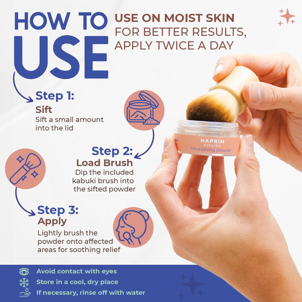 Naprim Naturals Nourishing Powder applied on moist skin for soothing relief