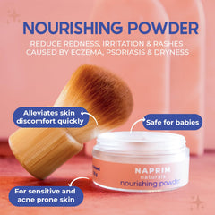 Naprim Naturals Nourishing Powder with kabuki brush ready for quick on-the-go relief