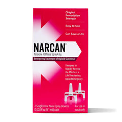 NARCAN nasal spray 4 mg, two single-dose units for rapid overdose response.