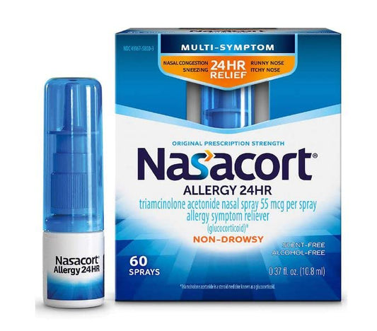 Nasacort Allergy 24 Hr bottle front view for quick relief options.