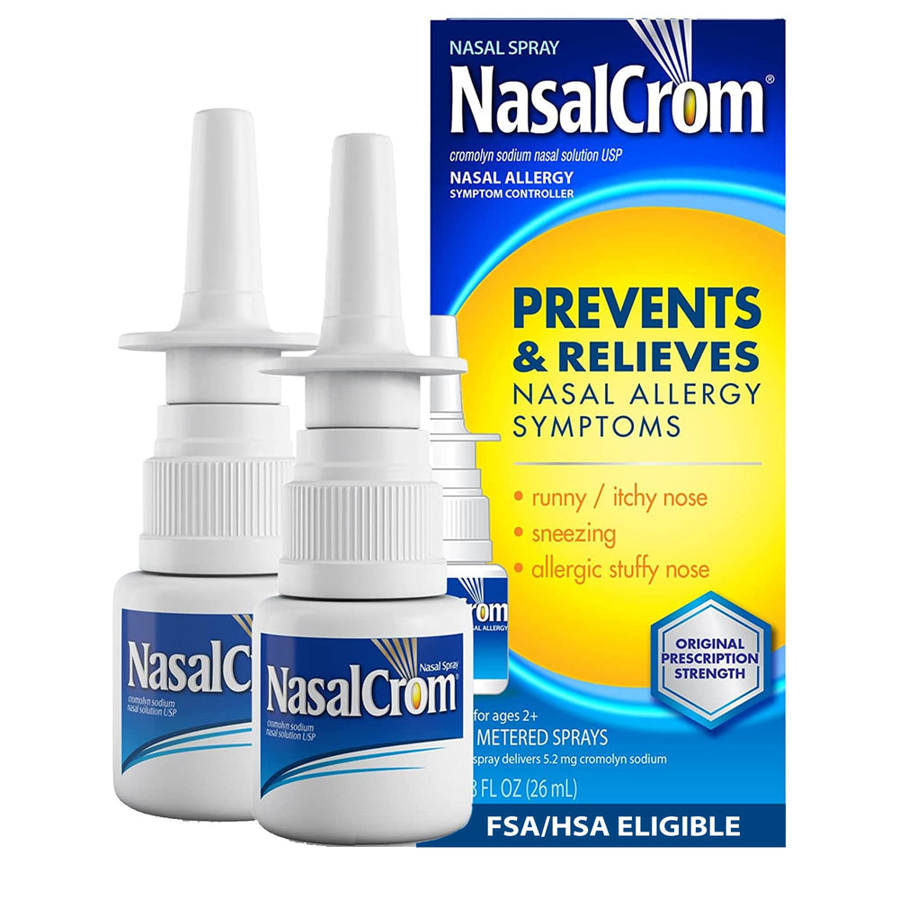 Nasalcrom nasal spray bottle with 200-spray pack for pre-exposure allergy protection