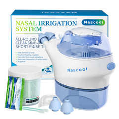 Nascool nasal irrigation system packaging showing contents for enhanced nasal care.