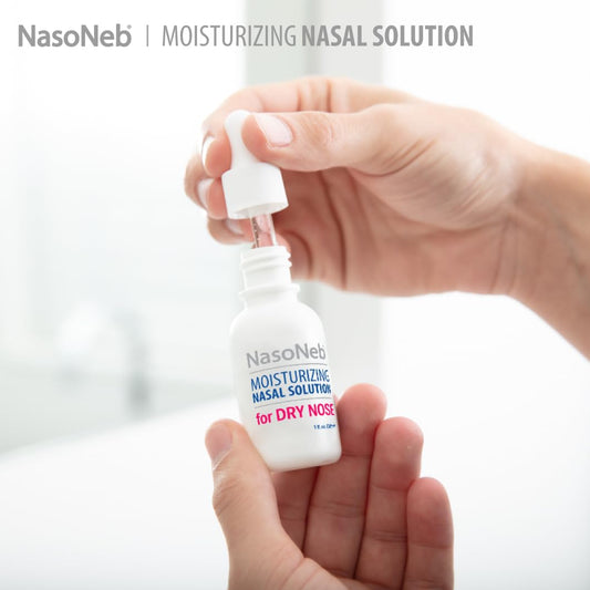 NASONEB saline spray dropper dispenses gentle moisture to nasal passages.