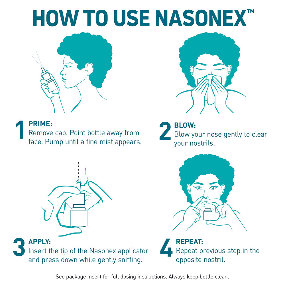 Nasonex 120 sprays pack shown for extended allergy coverage.