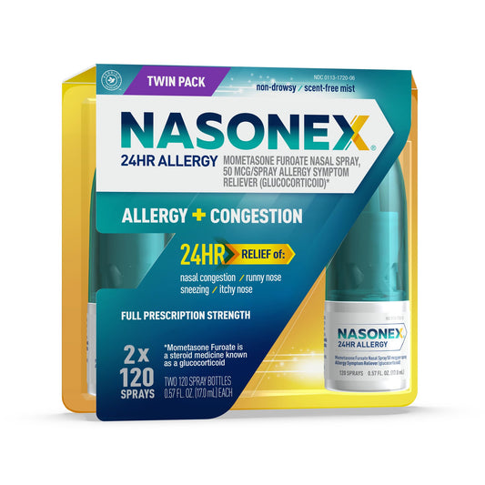 Nasonex 24HR allergy nasal spray bottle provides all day relief.