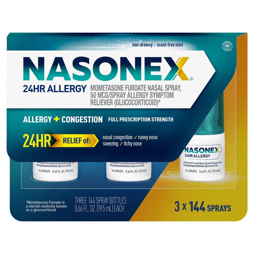 Nasonex 24HR nasal spray bottle front view for quick allergy relief.