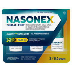 Nasonex 24HR nasal spray bottle front view for quick allergy relief.