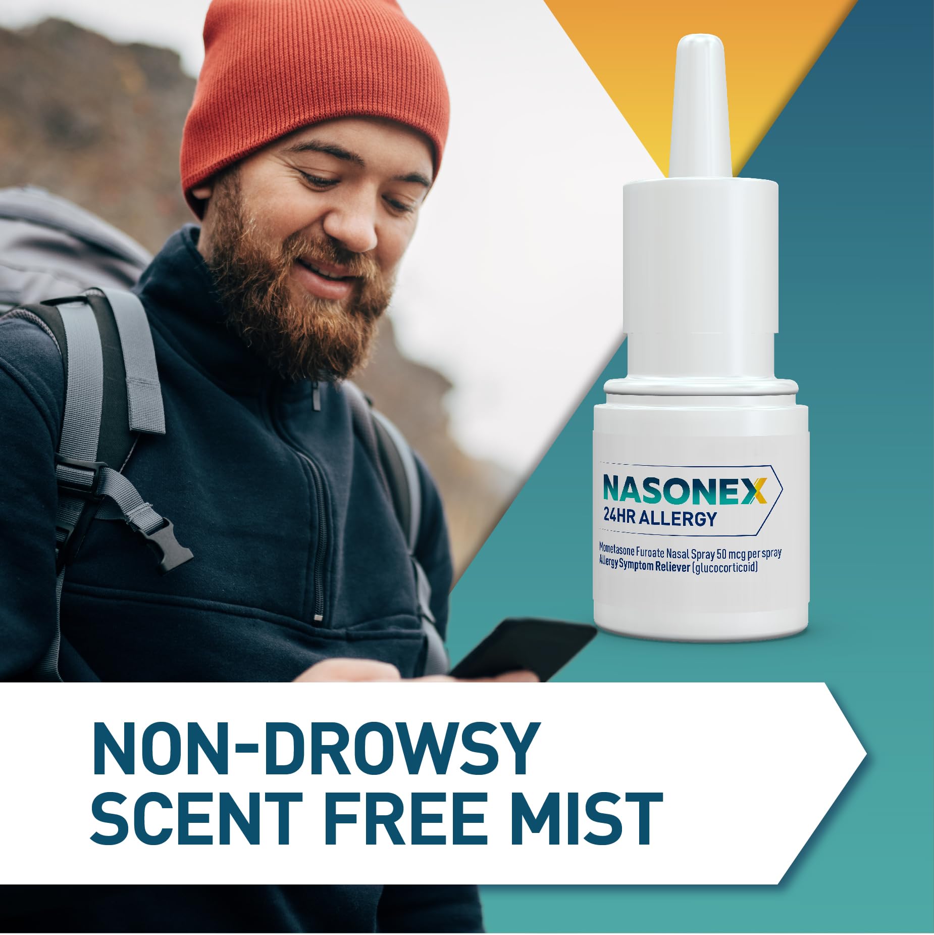 Nasonex bottle label communicates full prescription strength relief potential.
